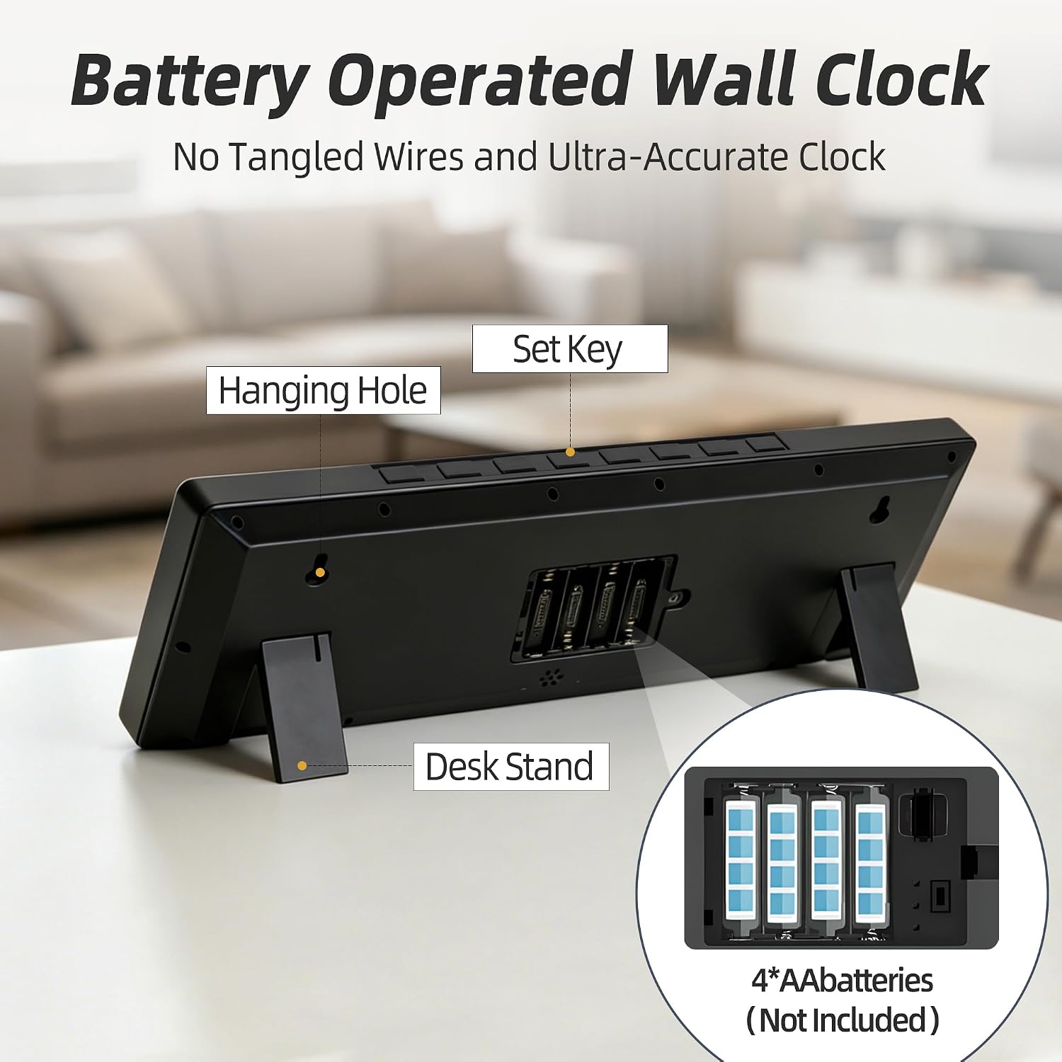 16" Digital Wall Clock, Battery-Operated with Large LCD Display, Jumbo Number Modern Decorative Clock with Alarm, Date, Calendar, Temperature for Elderly, Senior Bedroom, Living Room, Kitchen