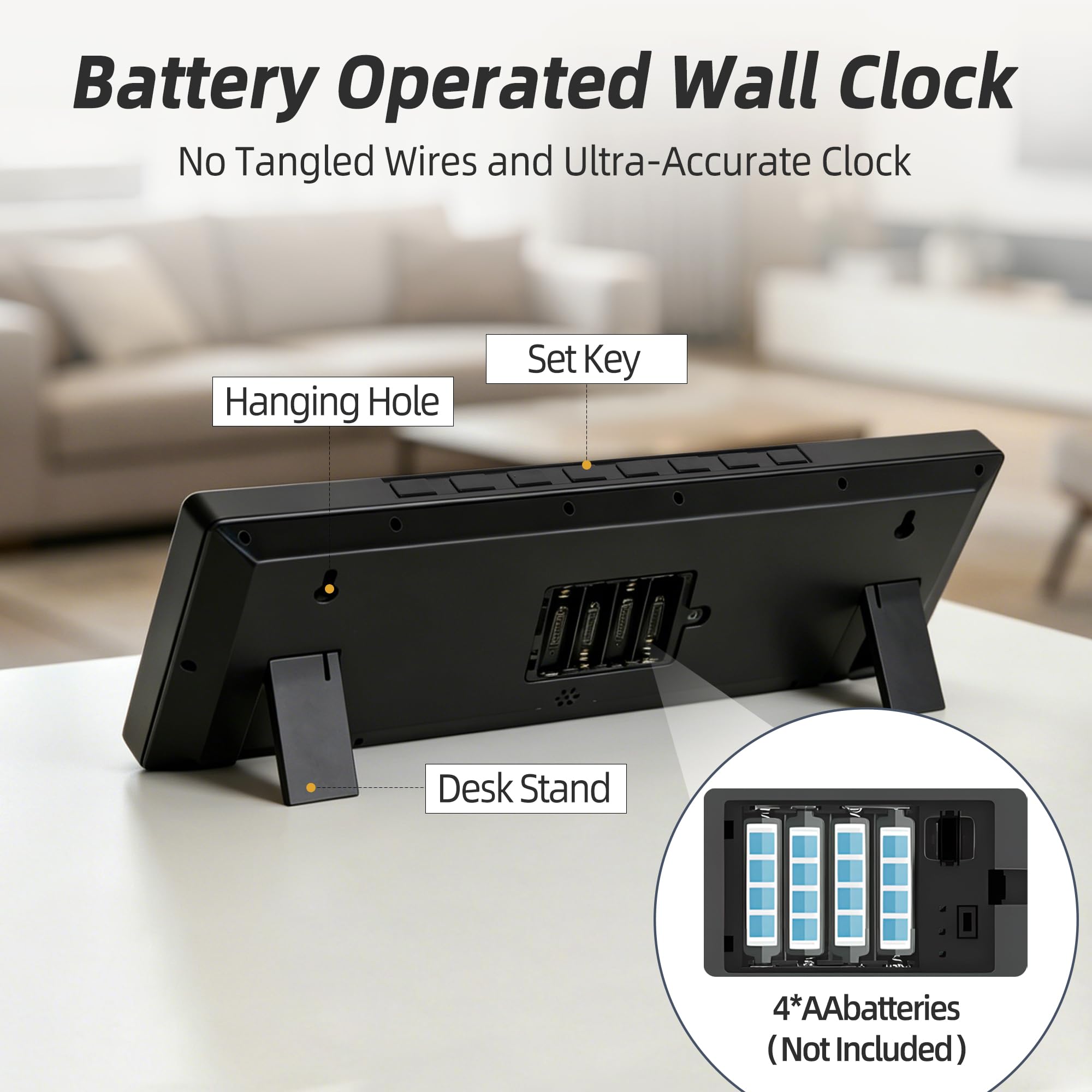 16" Digitale Wanduhr, batteriebetrieben mit großer LCD-Anzeige und großen modernen Ziffern, dekorative Uhr mit Alarm, Datum, Kalender, Temperatur für Senioren, Schlafzimmer, Wohnzimmer, Küche
