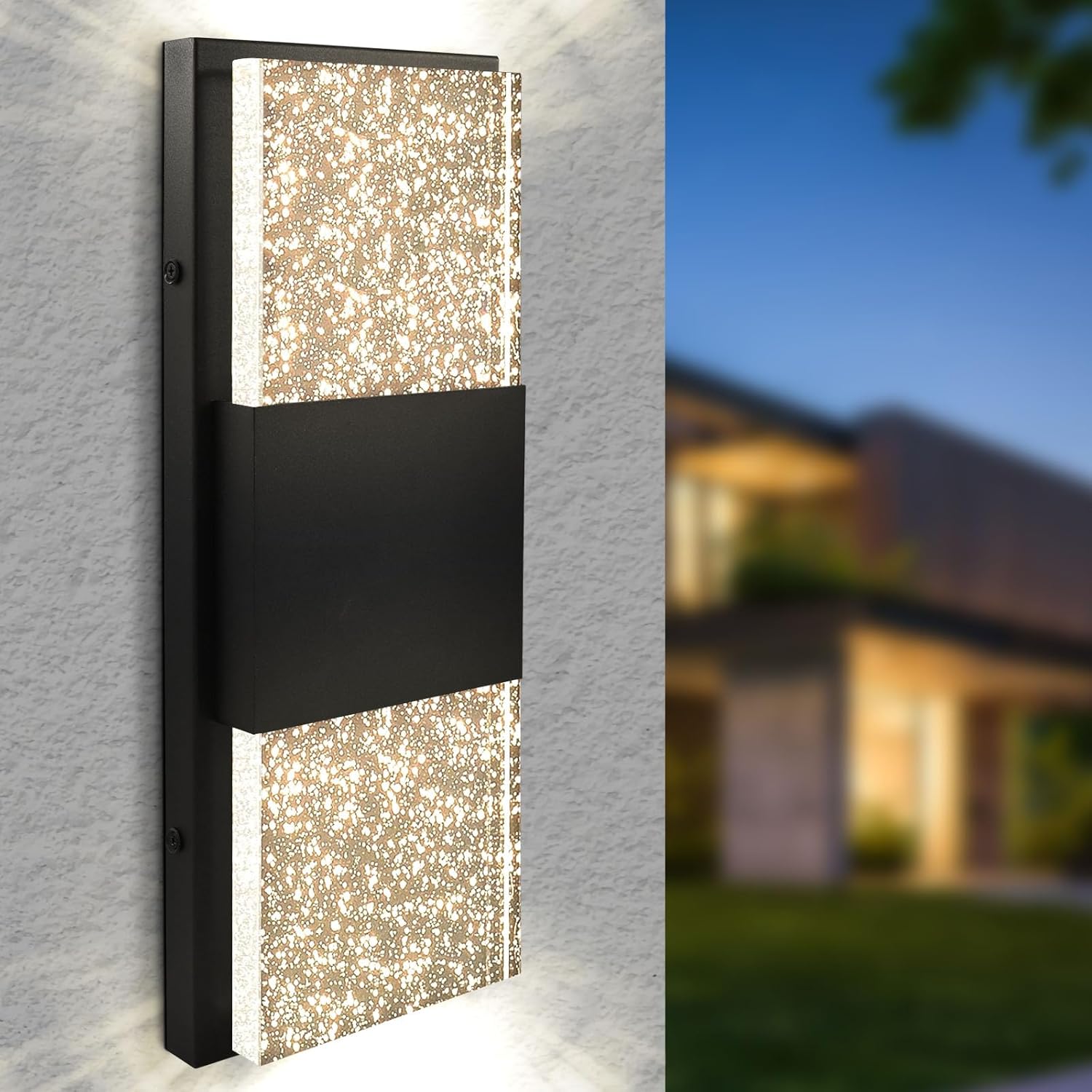 LUXRITE Up Down LED Bubble Glass Outdoor Wall Light, 17 Inch, 3CCT 3000K 4000K 5000K, IP65 Waterproof, 12W, Aluminum, Seeded Glass Light Fixture, ETL, Exterior Porch Lights, Outdoor Wall Sconce