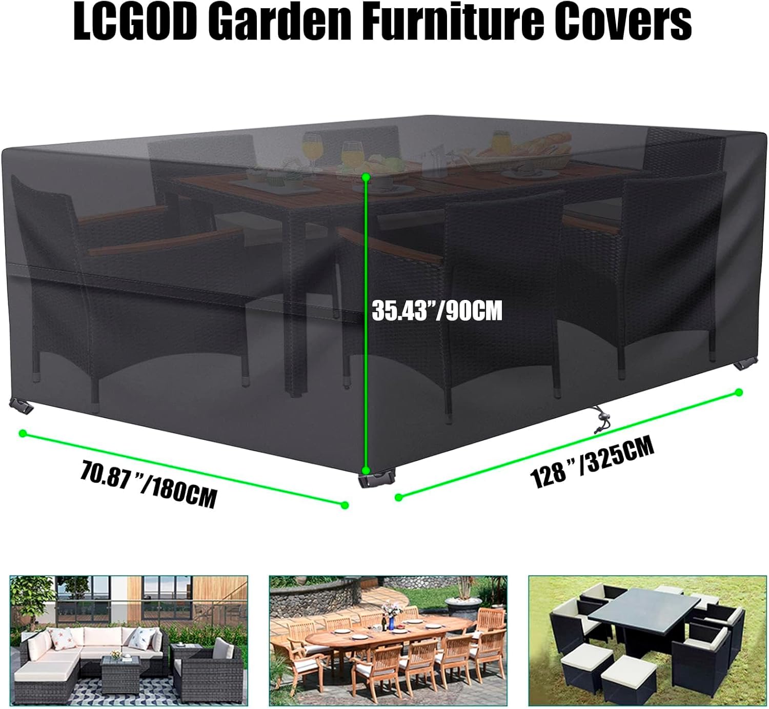 Garden Furniture Covers Waterproof Patio Furniture Covers for All Weathers, Heavy Duty 600D Oxford Fabric Rectangular Windproof Anti-UV Outdoor Table Covers【Black】(127.95" Lx70.87 Wx27.95 H)