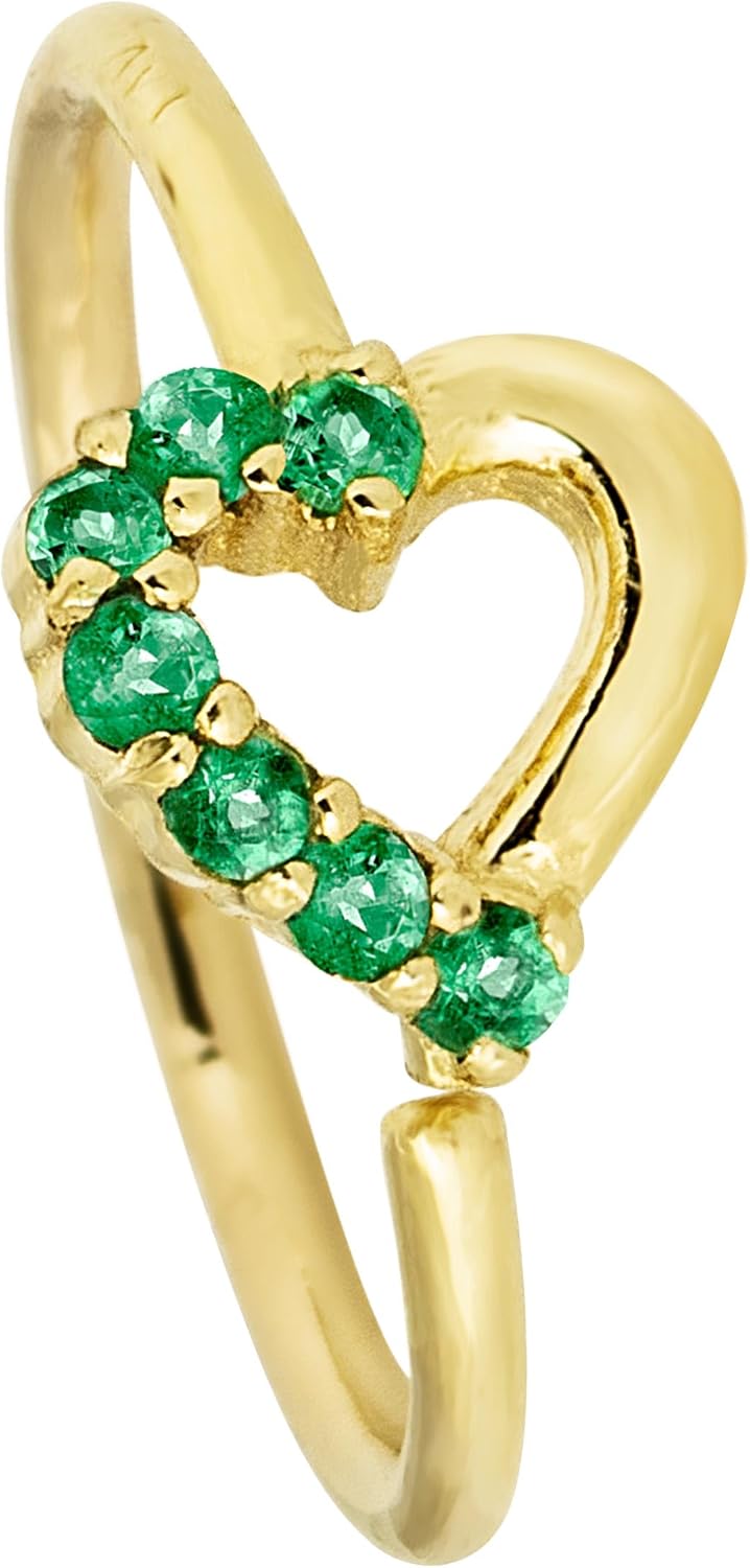 20G 14K Gold Heart Nose Ring, 0.07ctw Emerald Gemstone Nose Hoop, Twist-open 5/16"(8mm) Nose Ring, May Birthstone Hoop Unisex