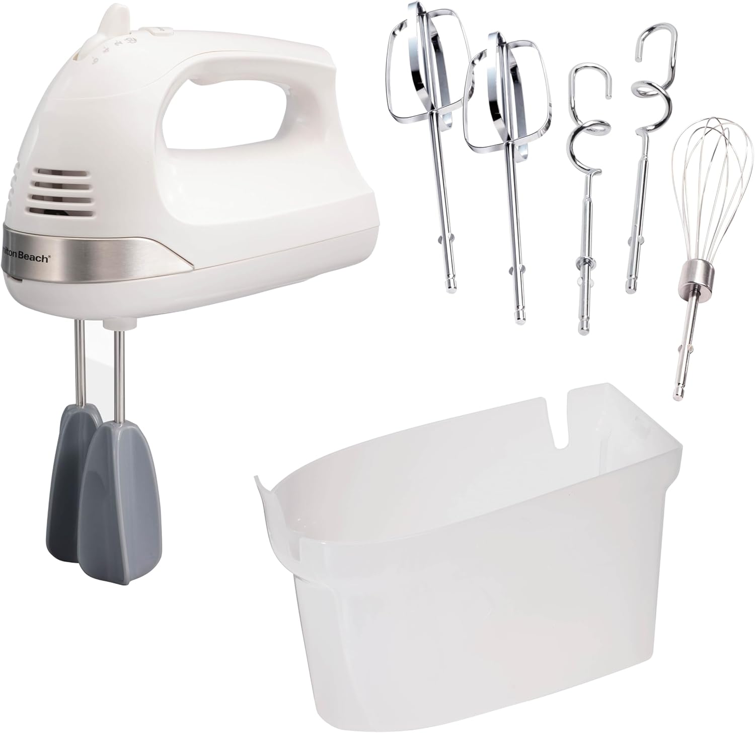 Hamilton Beach 6-Speed Electric Hand Mixer with Easy Clean Beaters, Dough Hooks, Whisk & Snap-On Storage - 275W Power, White