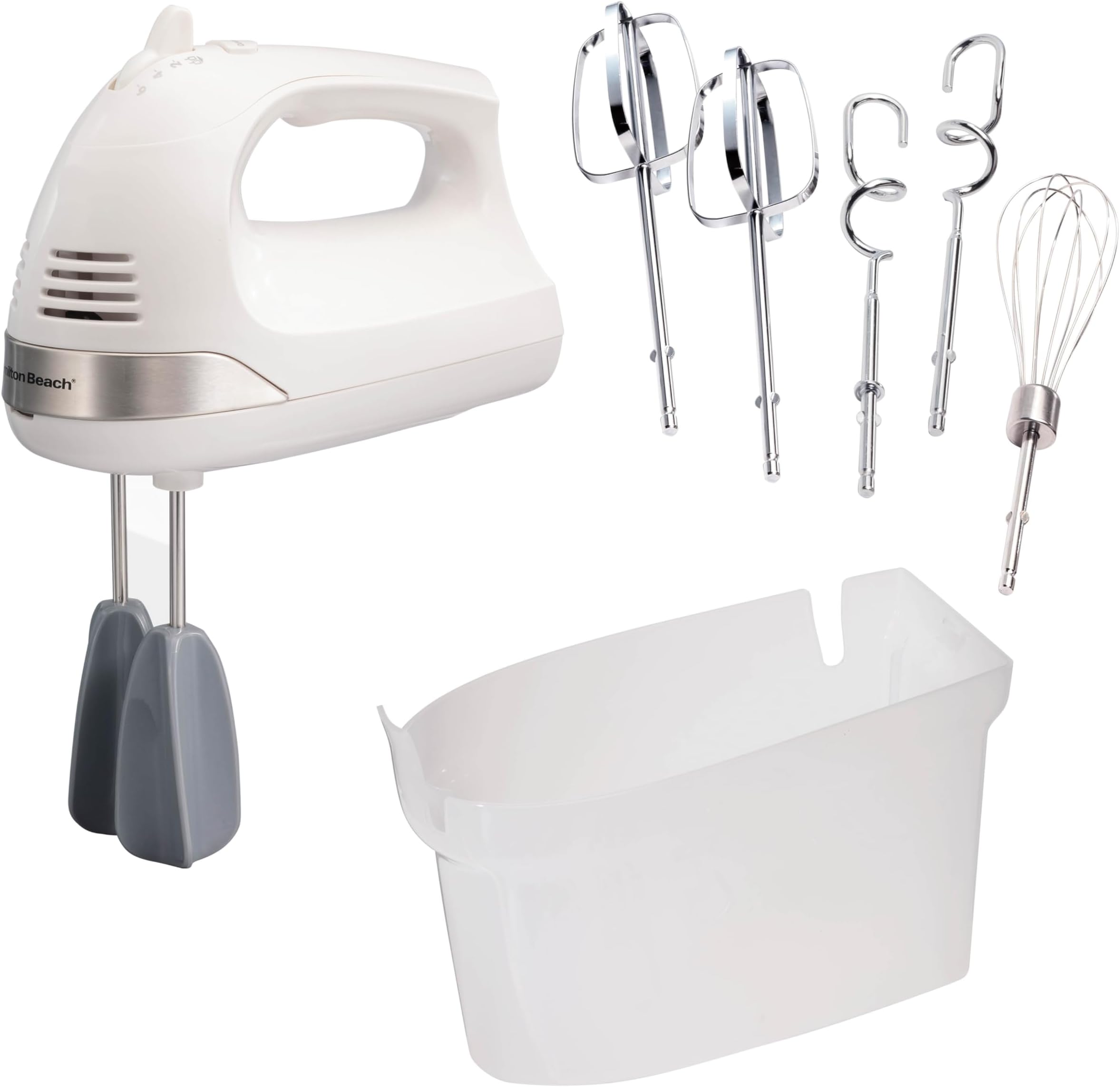 Hamilton Beach 6-Speed Electric Hand Mixer with Whisk, Dough Hooks and Easy Clean Beaters, Snap-On Storage Case, White