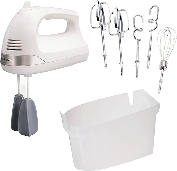 Hamilton Beach 6-Speed Electric Hand Mixer with Whisk, Dough Hooks and Easy Clean Beaters, Powerful 275 Watt Motor, Snap-On Storage Case, White