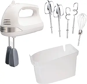 Hamilton Beach 6-Speed Electric Hand Mixer with Whisk, Dough Hooks and Easy Clean Beaters, Powerful 275 Watt Motor, Snap-On Storage Case, White