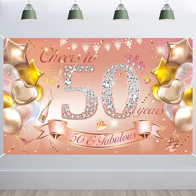 HOWAF Woman 50th Birthday Party Decoration Rose Gold, Fabric Banner for 50th Birthday Photo Backdrop Photography Background, 50th Birthday Outdoor Garden Table Wall Decoration Supplies