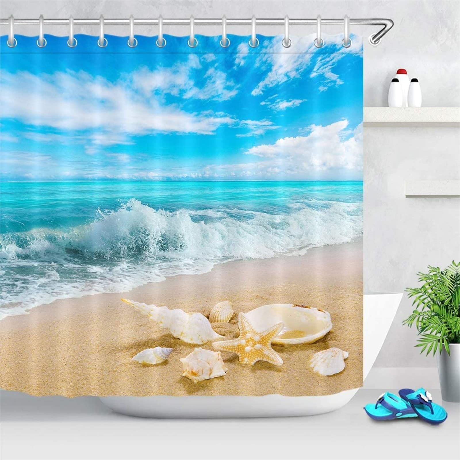 Tenda Doccia 3D Spiaggia Oceanica - Impermeabile 240x200 Cm Con Ganci