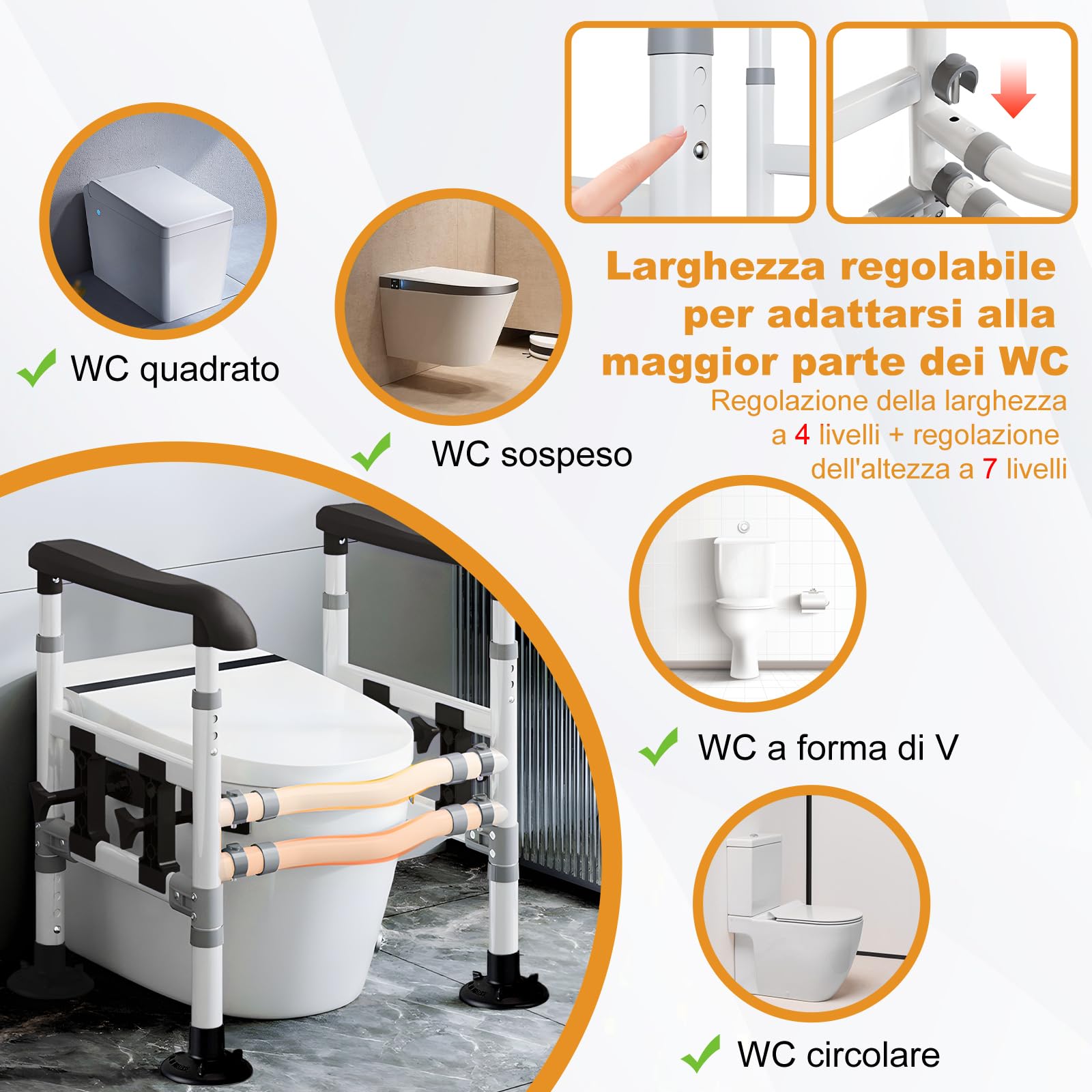 supregear Telaio WC per anziani e disabili, altezza e larghezza regolabili, maniglie antiscivolo con ventose, compatibile con la maggior parte dei WC, facile da montare, Nero