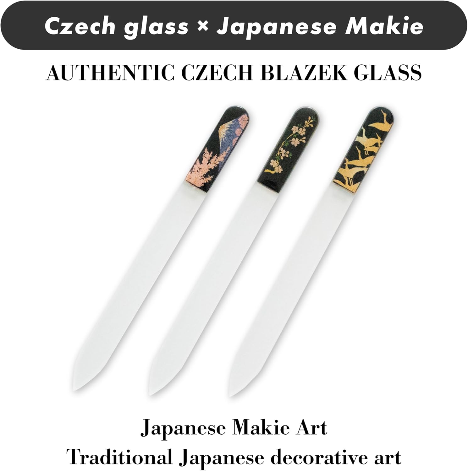 Glass Nail File & Crystal Nail File - Authentic Czech Glass with Japanese Makie Art, Traditional Kishu Lacquerware Design - Handmade in Japan with Protective Sleeve (Mt. Fuji and Sakura)