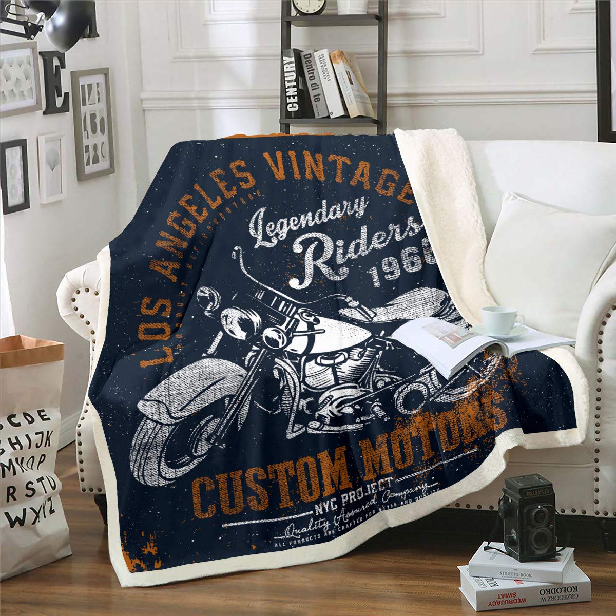 Tbrand Multi 7 Motocross Rider Sherpa Blanket Extreme Sports Theme Plush Blanket Motorcycle Printed Fleece Throw Blanket For Couch Bed Sofa Unique Retro Motorbike Fuzzy Blanket Room Decor Single 50"X60"