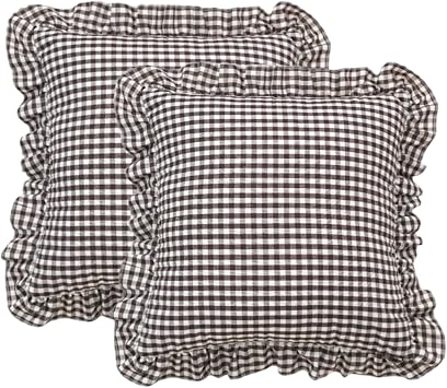 MOJUN Ruffled Gingham Pillow Cover 18x18 Inches Set of 2, Soft Farmhouse Checkered Square Decorative Cushion Case with Ruffles for Sofa Bed Living Room Pillowcase Decoration, Coffee White