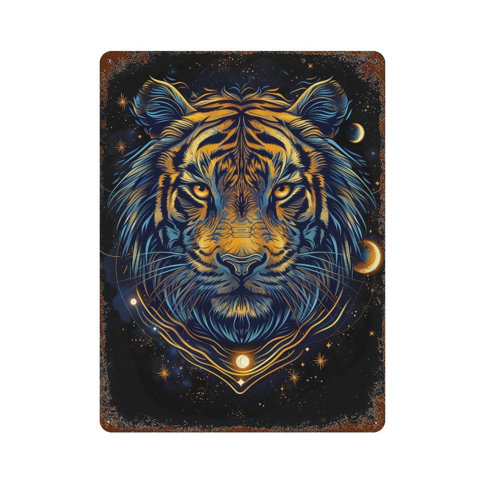 Golden Tiger Art Print Rustic Tin Plaque 15.7"x11.8", Rustic Home Decor for Office, Studio And Wall Decor