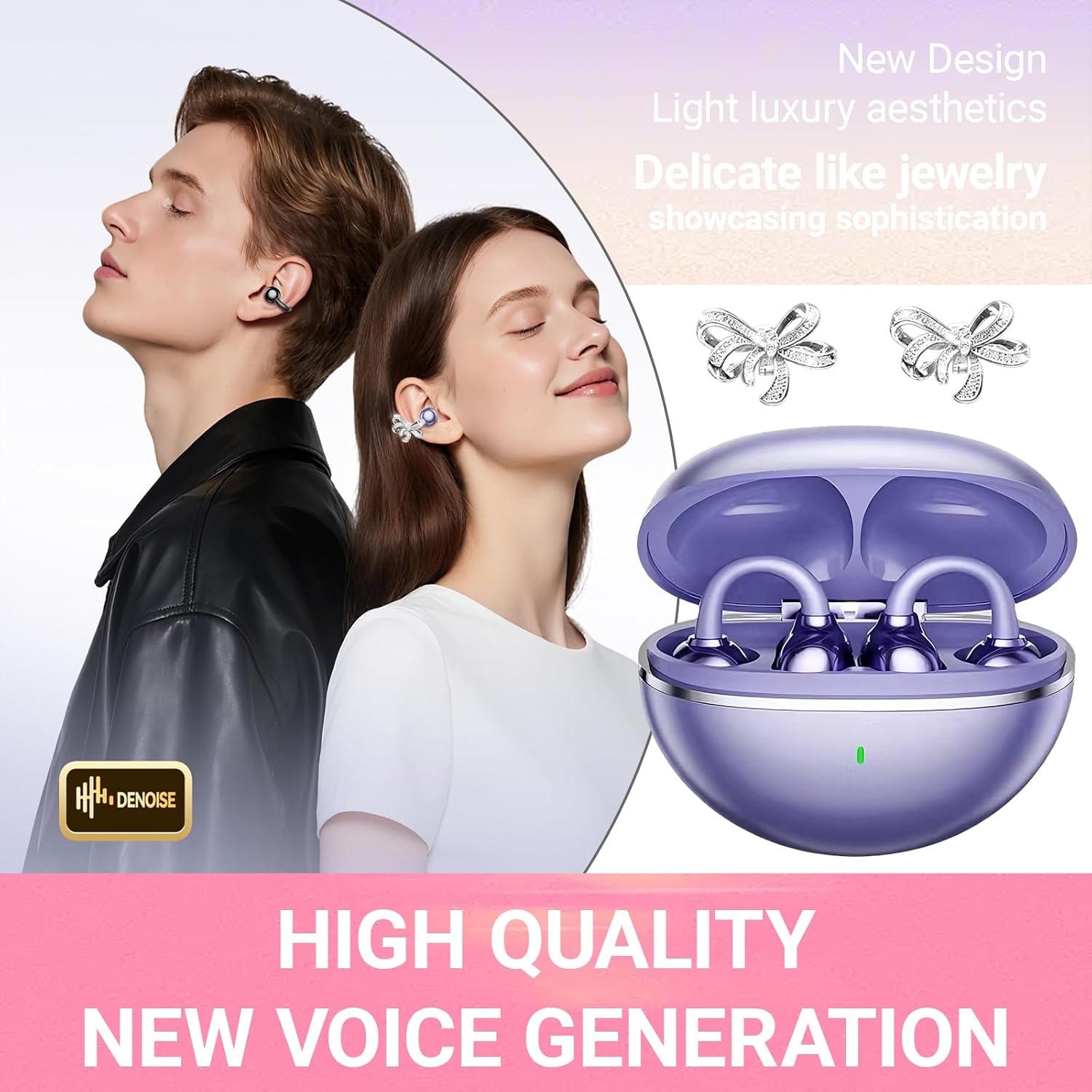 2026 New Clip-On Open Ear Earbuds with Detachable Butterfly Earrings, Bluetooth 6.0 Wireless Headphones for Women, 40H Playtime with Small Ears, Sports & Workouts, Great Gift, Purple image 5