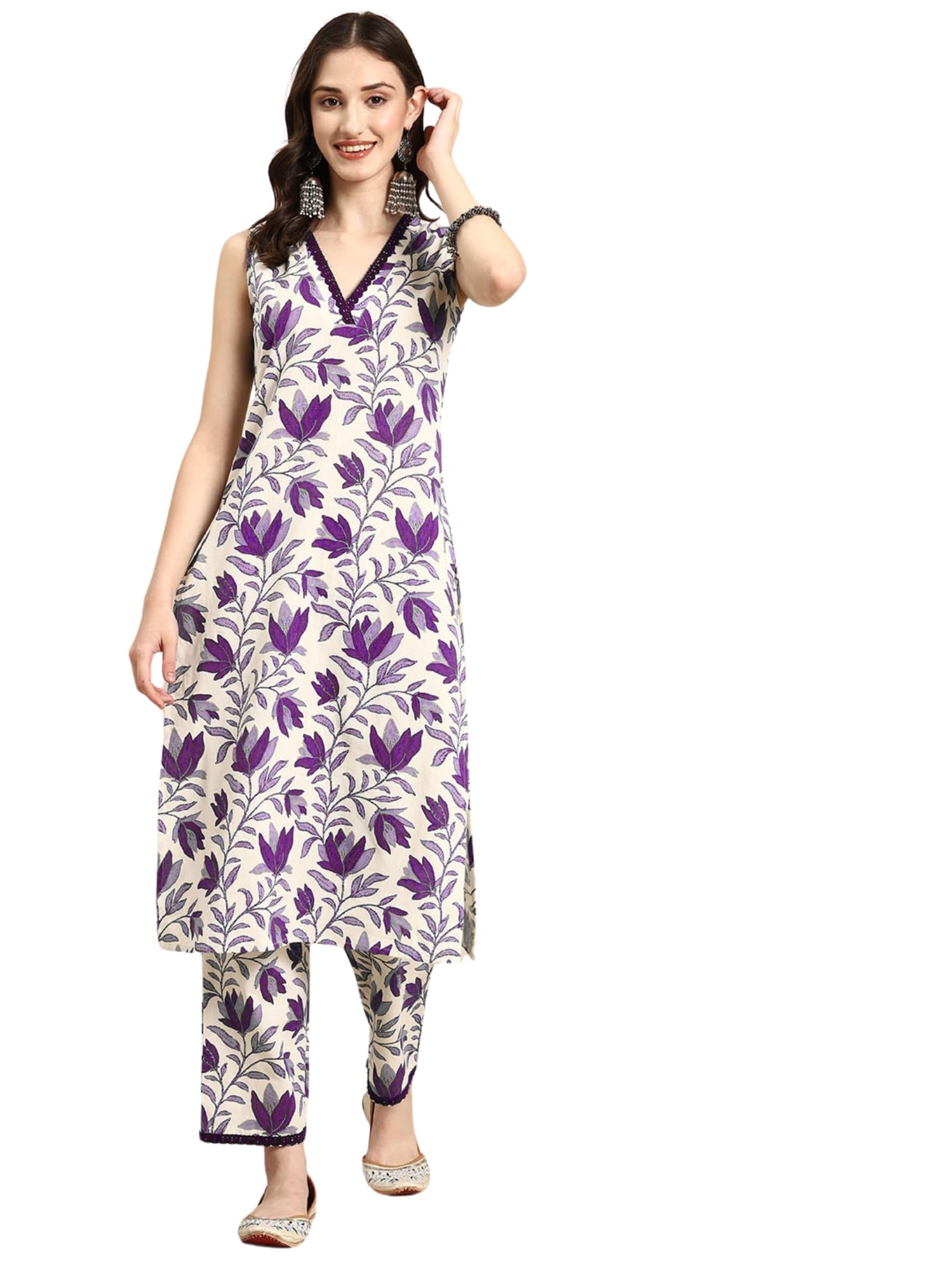 Smowkly V-Neck Sleeveless Kurta For Women (1430_Prl_L) Purple