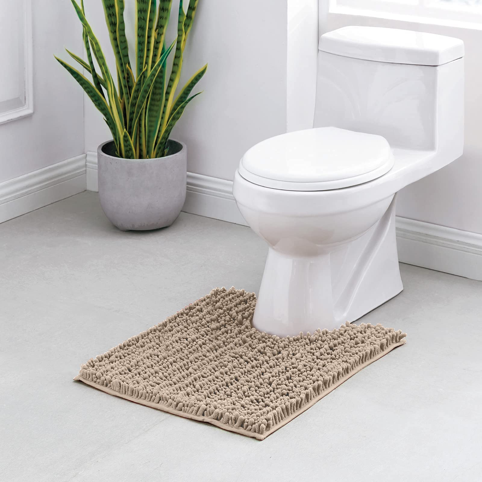 Suchtale Bathroom Contour Rug, Non Slip Toilet U Shaped Bath Mat (20x24 Beige) Water Absorbent Super Soft Shaggy Chenille Machine Washable Dry Extra Thick Perfect Absorbant Best Plush Carpet