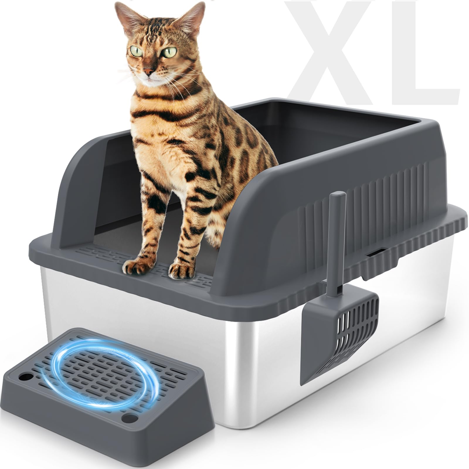 Stainless Steel Cat Litter Box, XL Extra Large Enclosure Litter Box with Lid for Small Big Cats, Double Pedal Filter Metal High Sided Litter Box with Scoop Mats, Non-Sticky Anti-Leakage Easy Cleaning