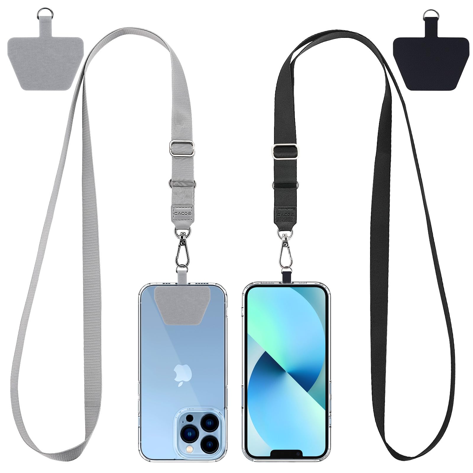 CACOE Phone Lanyard 2 Pcs Lengthened Adjustable Neck Strap,2 Pcs Patches,Universal Crossbody Multifuctional Cell Phone Lanyards Compatible with Most Smartphones(Black+Gray-2)