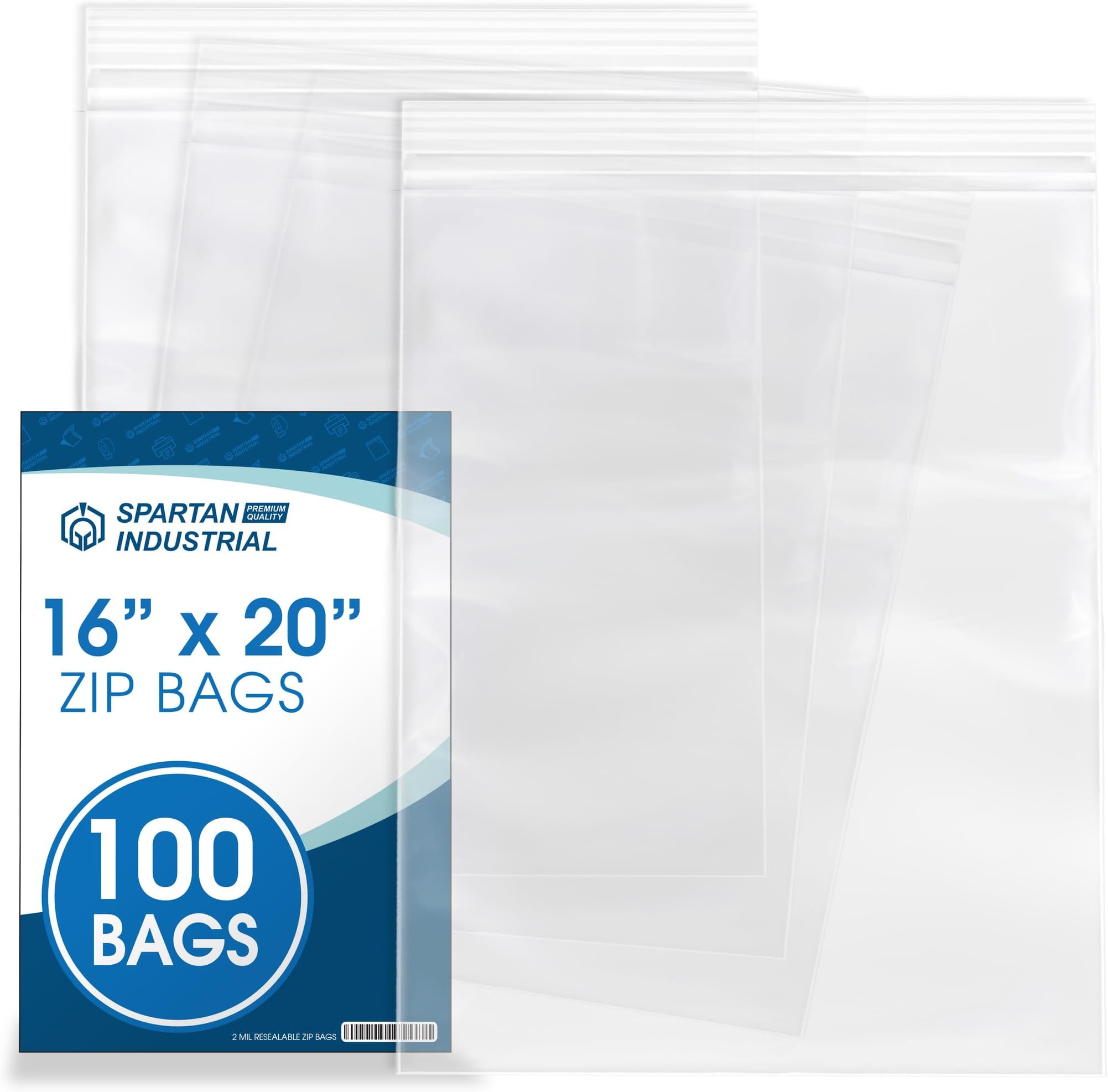 Spartan Industrial - 16” X 20” (100 Count) 2 Mil Clear Reclosable Zip Plastic Poly Bags with Resealable Lock Seal Zipper