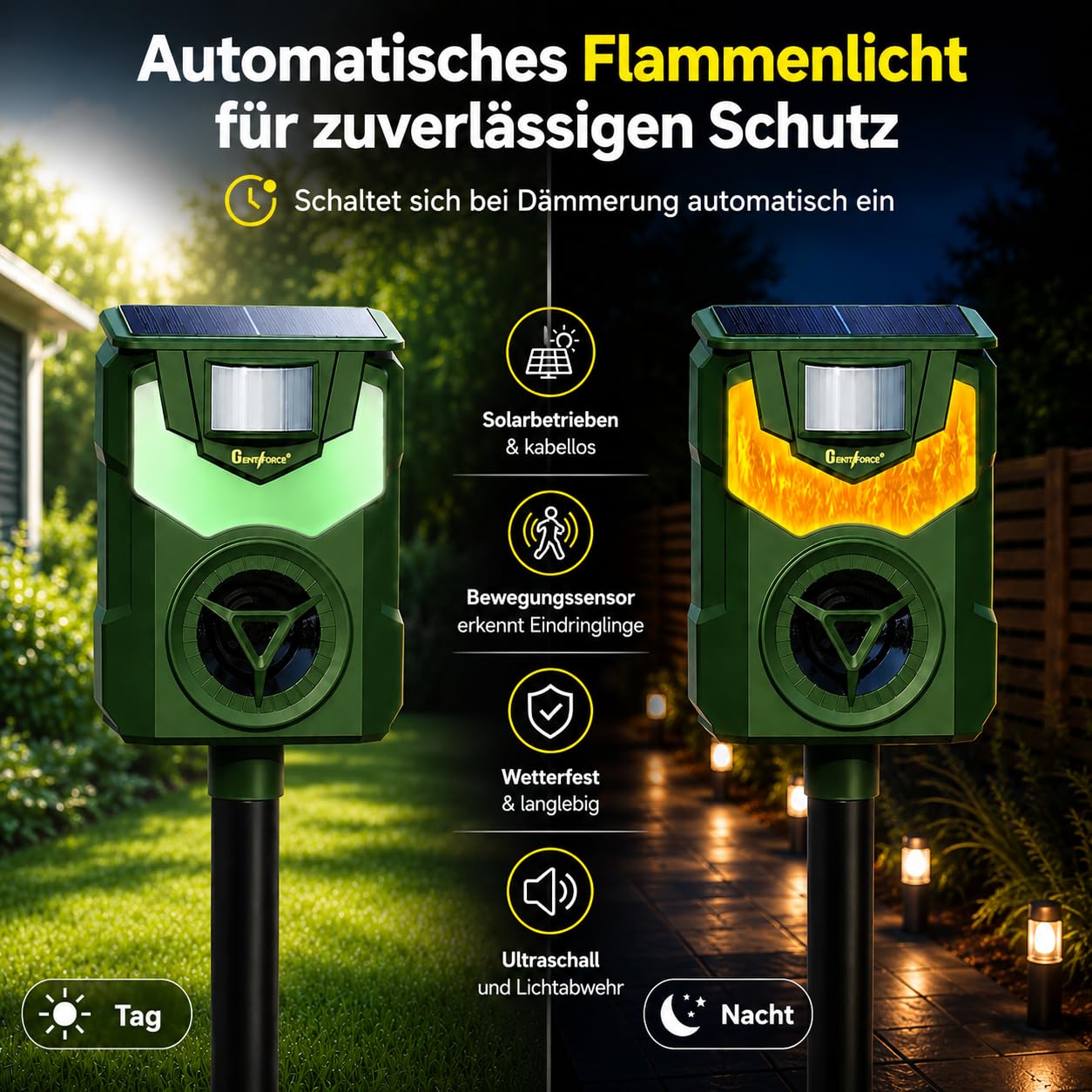 Genieforce® [2 Pack] Combat+ Smart Flammenlicht Ultraschall Tiervertreiber Tierabwehr Tierschreck gegen Katzen, Hunde, Marder, Fuchs, Vogel, Nager, Solar intelligente PIR-Sensoren - GF-BN-20