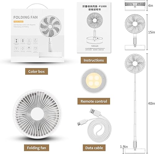 Miniatura 7 de Ventilador portátil, ventilador oscilante portátil de 7200 mAh con control remoto, altura ajustable con 4 velocidades, ventilador de mesa plegable