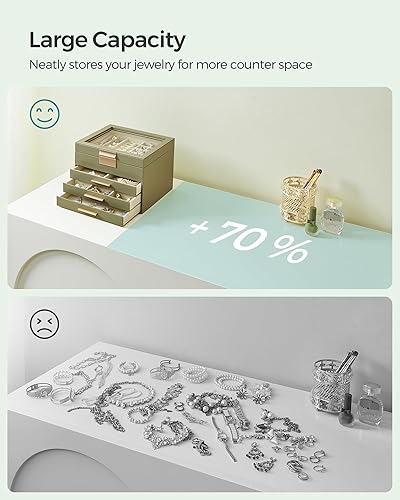 Miniatura 8 de SONGMICS Joyero organizador con tapa de cristal, almacenamiento de joyas de 4 capas, con 3 cajones, estilo moderno, 8 x 9.1 x 6.5 pulgadas, color