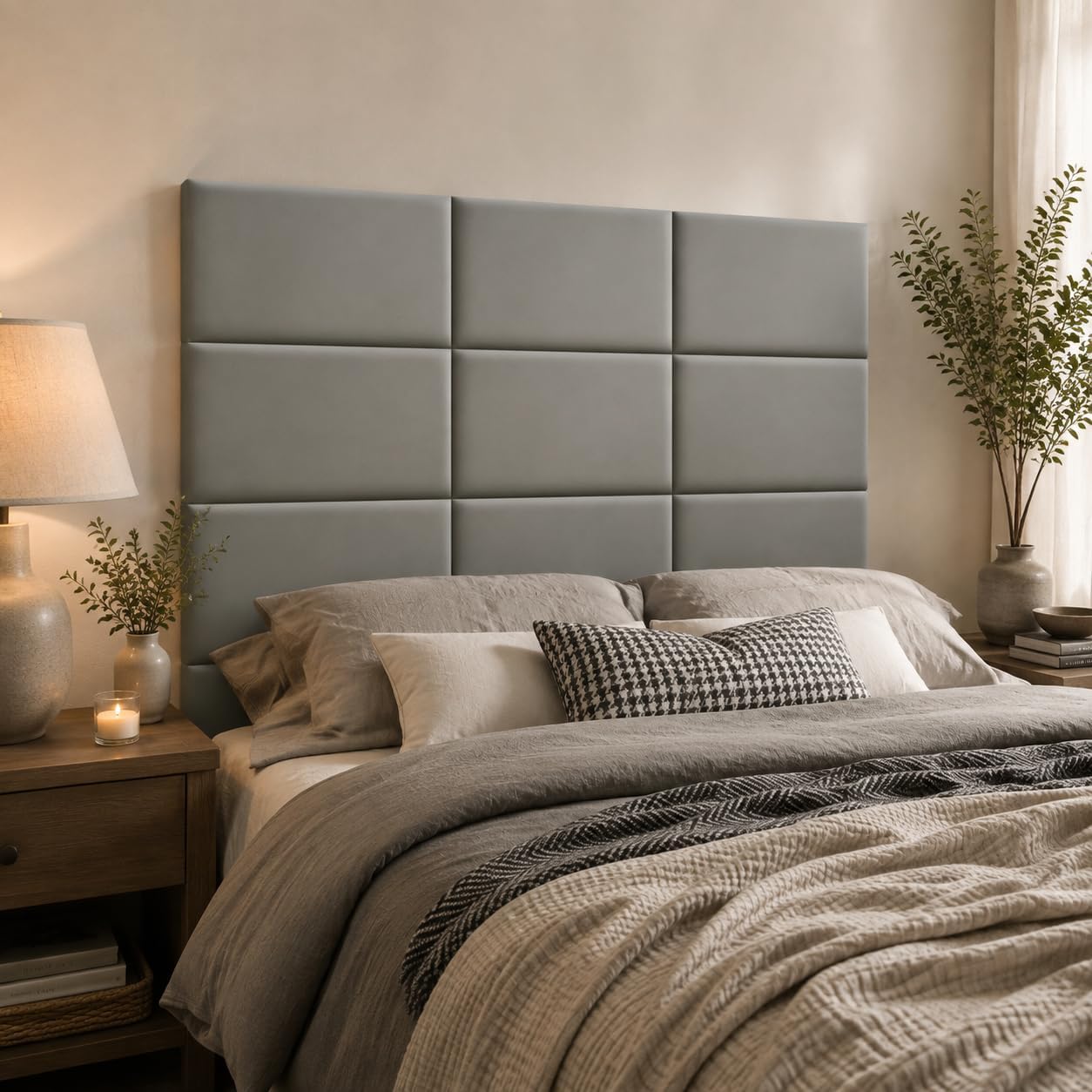 Peel & Stick Padded Wall Panels 12 Pack 24x12 Inch Dark Gray, Self-Adhesive Upholstered Headboard Tiles, 3D Soundproof Acoustic Panels, No Drill Renter Friendly for King Queen Full Twin Bed