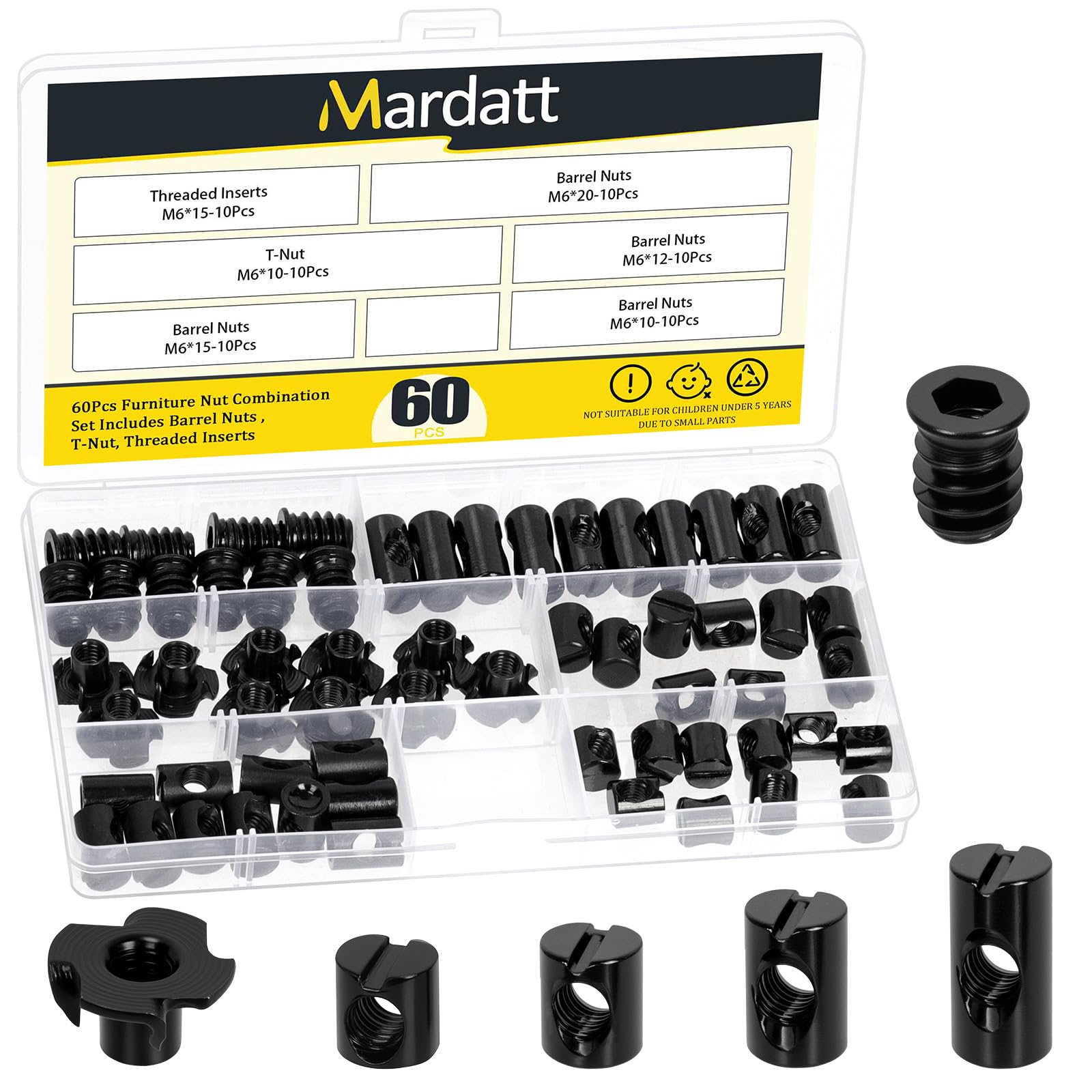 Mardatt 60PCS M6 x 10/12/15/20mm Barrel Nuts Kit, Black Zinc-Plated Carbon Steel Cross Dowels Slotted Barrel Nut