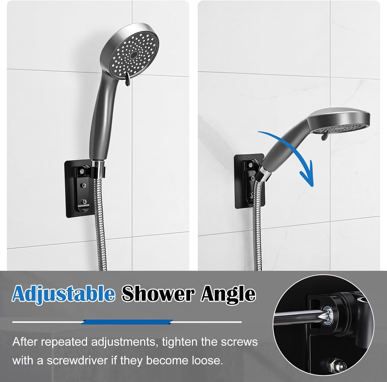CHENGU 2 Pack Shower Head Holder Strong Adhesive Shower Head Wall Mounting Bracket Adjustable Wand Holder with 2 Hanger Hooks No Drill Need (Black) image 3