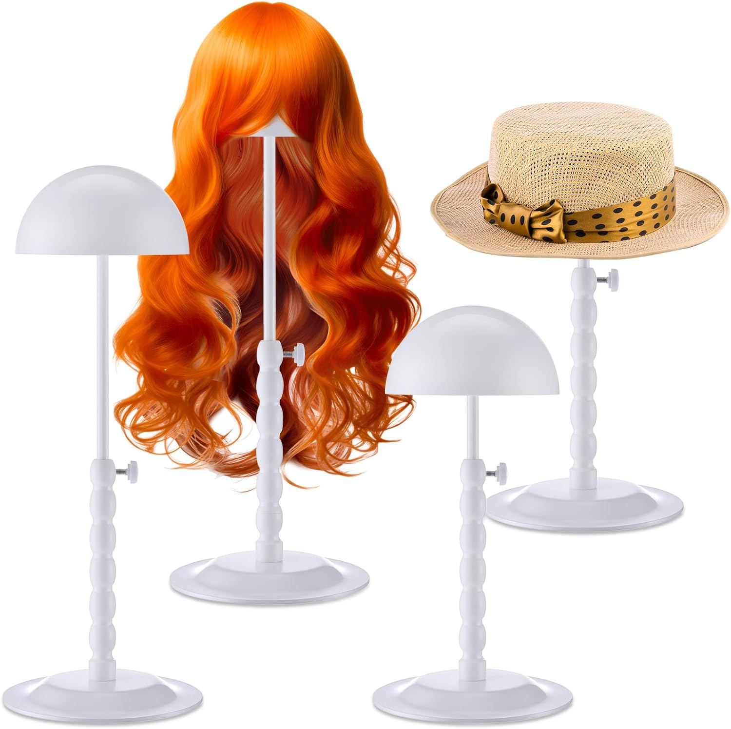 Geelin 4 Pcs Metal Hat Stands 11.8-18.9inch Adjustable Hat Holder Wigs Display Stand Anti-rust Non-slip Metal Cap Rack for Multiple Hats Storage Wig Styling Practice (White)