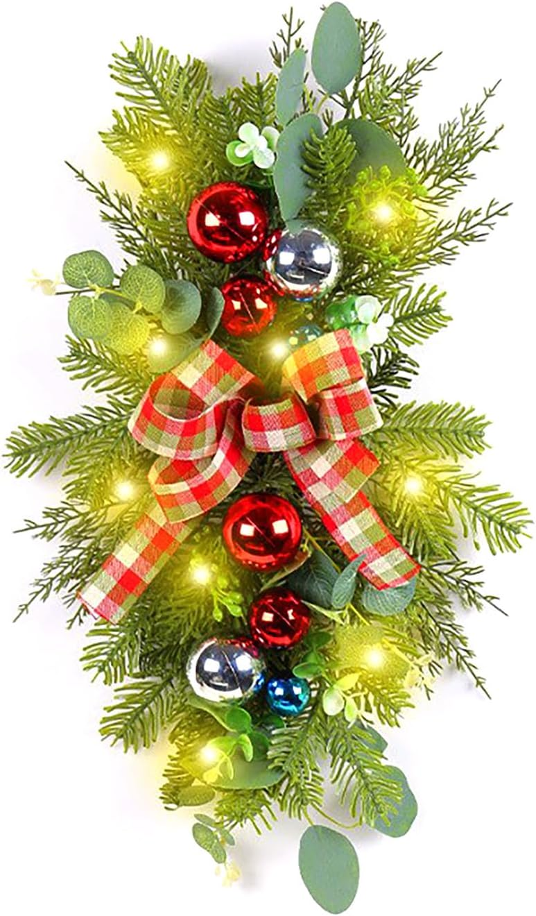 Artificial Christmas Stairway Swag with Bow,Teardrop Trim Wreath Door Stair Swag Garland Christmas Staircase Swags for Outdoor Home Garden Decor