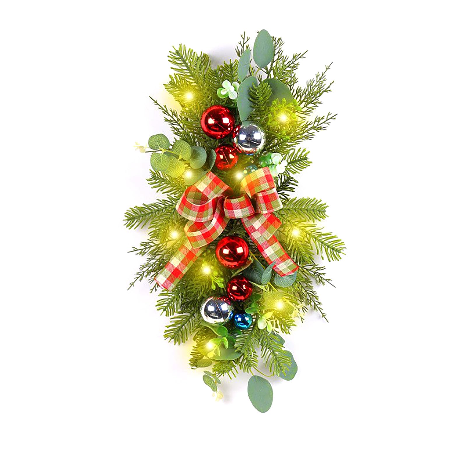 IUIBMI 18.9 inch Prelit Christmas Stair Swags Artificial Pine Branches Teardrop Wreath Mixed Bowknot and Christmas Balls Christmas Teardrop Swags for Holiday Wall Christmas Door Decor