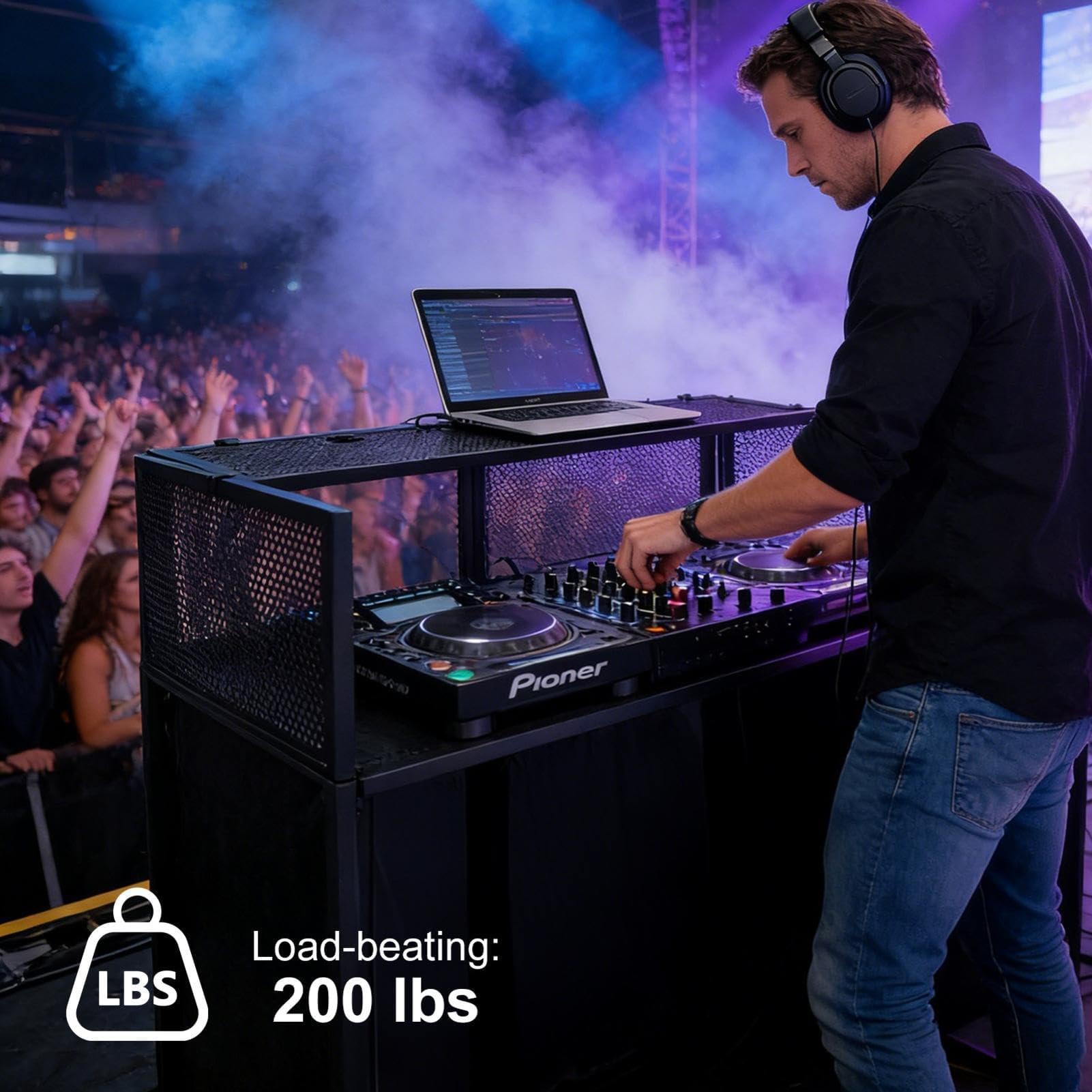 Tragbarer DJ Tisch 105x51cm, Klappbares Pult mit Lichtbespannung, Stabiler Booth für DJs mit Kabeldurchführungen & Tasche, Ideal für Events