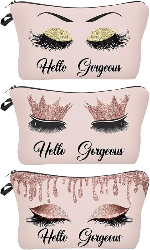 Necessaire de maquiagem Baobeily rosa Hello Gorgeous com estampa de cílios, pacote com 3