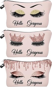 Hello Gorgeous Pink Eyelash Makeup Bag 3 Pack Small Travel Cosmetic Pouch for Purse, Inspirational Gift for Women, Funny Glitter Organizer for Toiletries & Accessories