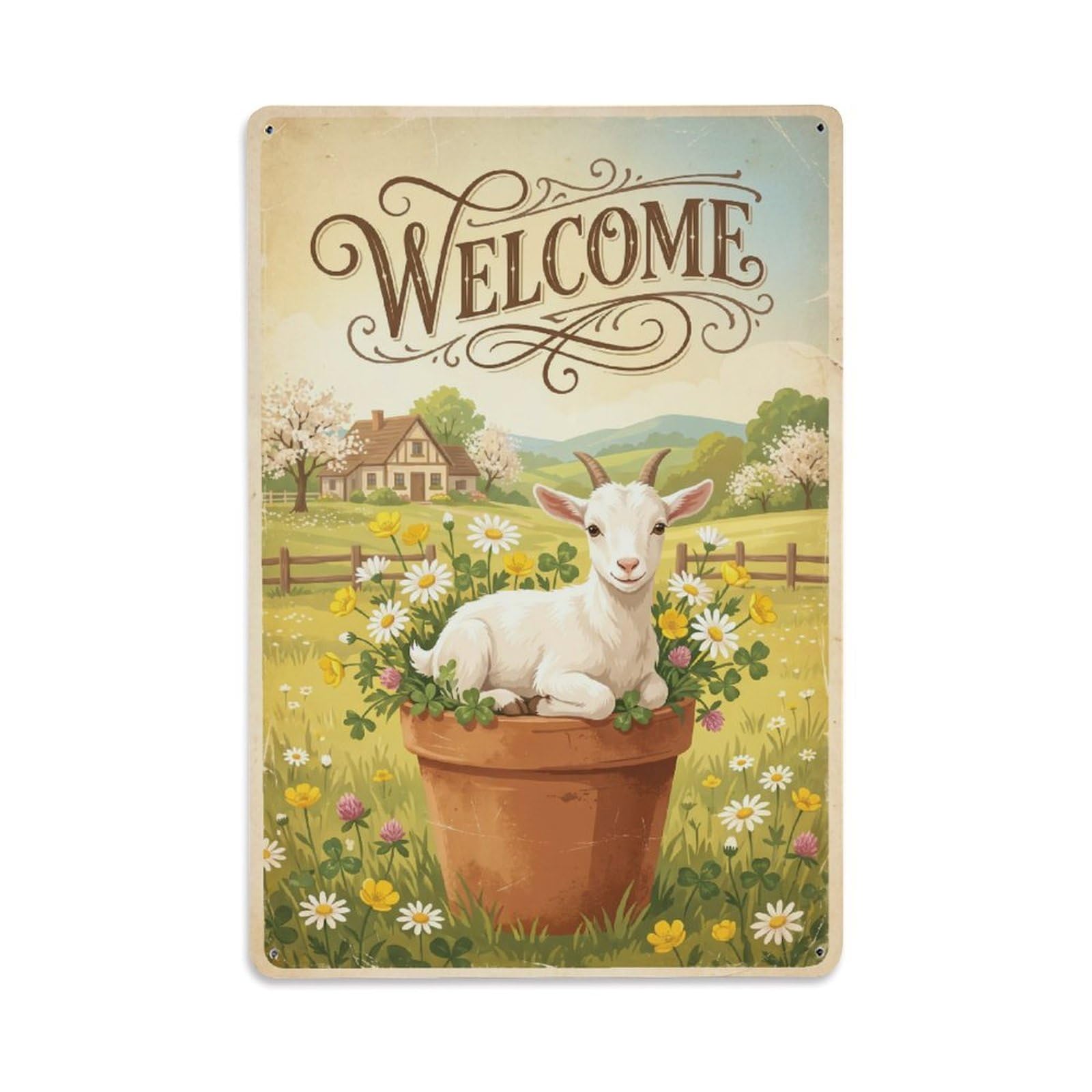 Cxhjca 8X12inch(20X30cm) Vintage Welcome Goat Meadow Scene Metal Tin Sign
