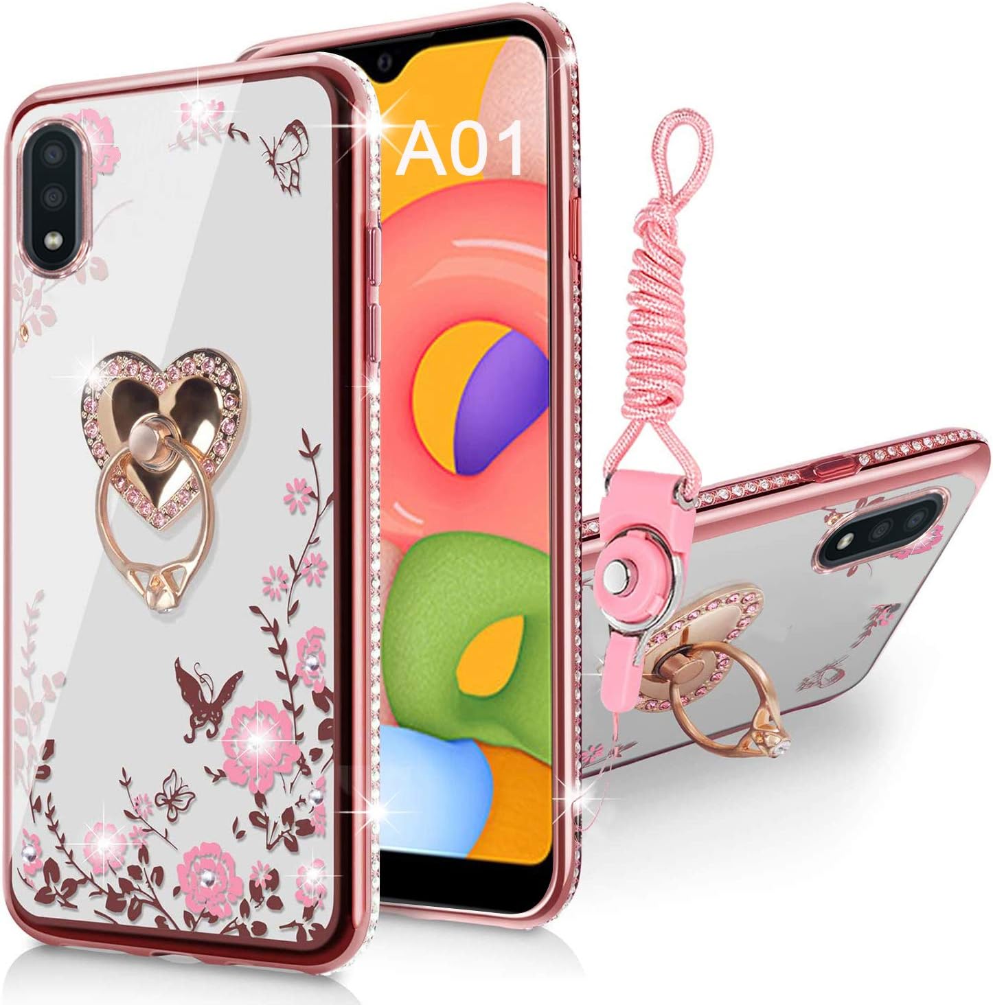 Samsung Galaxy A01 Case Glitter Crystal Butterfly Heart Floral Series-Slim TPU Luxury Bling Cute Girls Protective Cover with Detachable Finger Ring Holder Stand + Strap for Samsung A01-Rose Gold