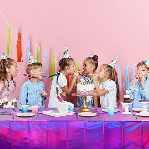 Miniatura 9 de Paquete de 8 manteles de plástico color morado iridiscente, manteles rectangulares desechables con láser, manteles de papel de aluminio holográfico,