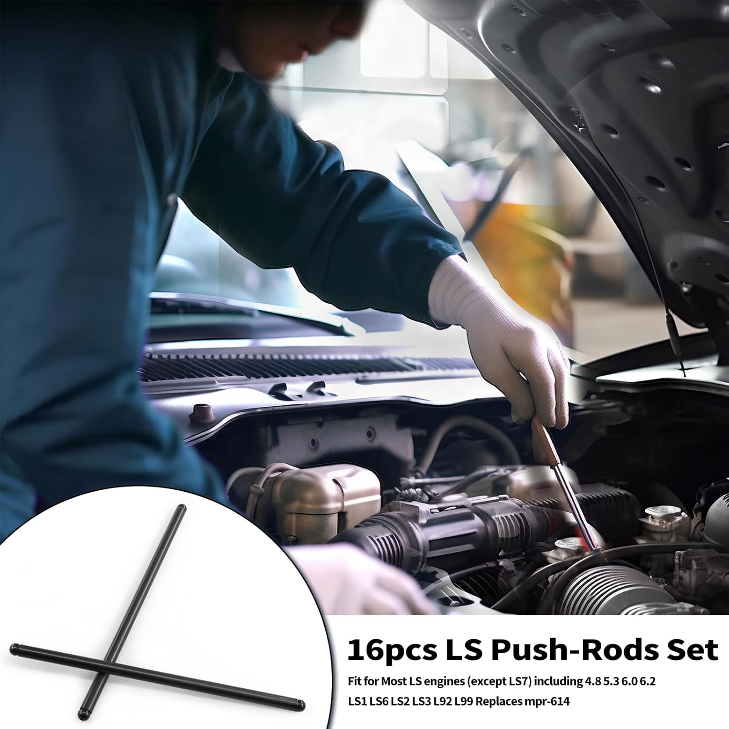 16pcs LS Push Rods 7.400" 5/16" Diameter fit for Most LS engines (except LS7) including 4.8 5.3 6.0 6.2 LS1 LS6 LS2 LS3 L92 L99, Replaces 10238852 mpr-614.