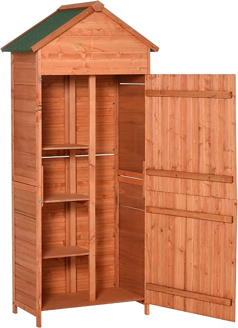 Outsunny 84 x 52cm Garden Shed 4-Tier Wooden Garden Outdoor Shed 3 Shelves Utility Gardener Cabinet Lockable Double Doors Tool Kit Storage - Teak