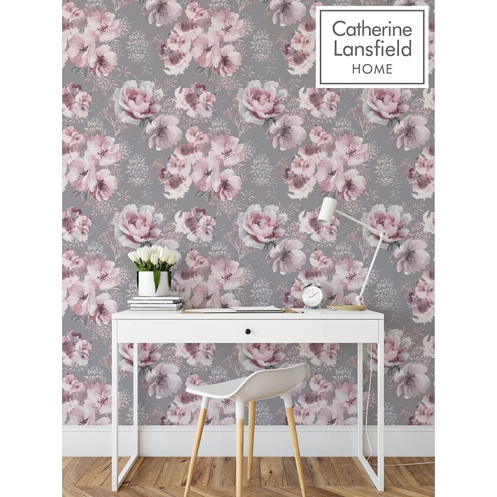 Catherine Lansfield Tischläufer ‚Dramatic Floral‘ In Grau – 100% Baumwolle, übergroße Blumenmuster, Maschinenwaschbar