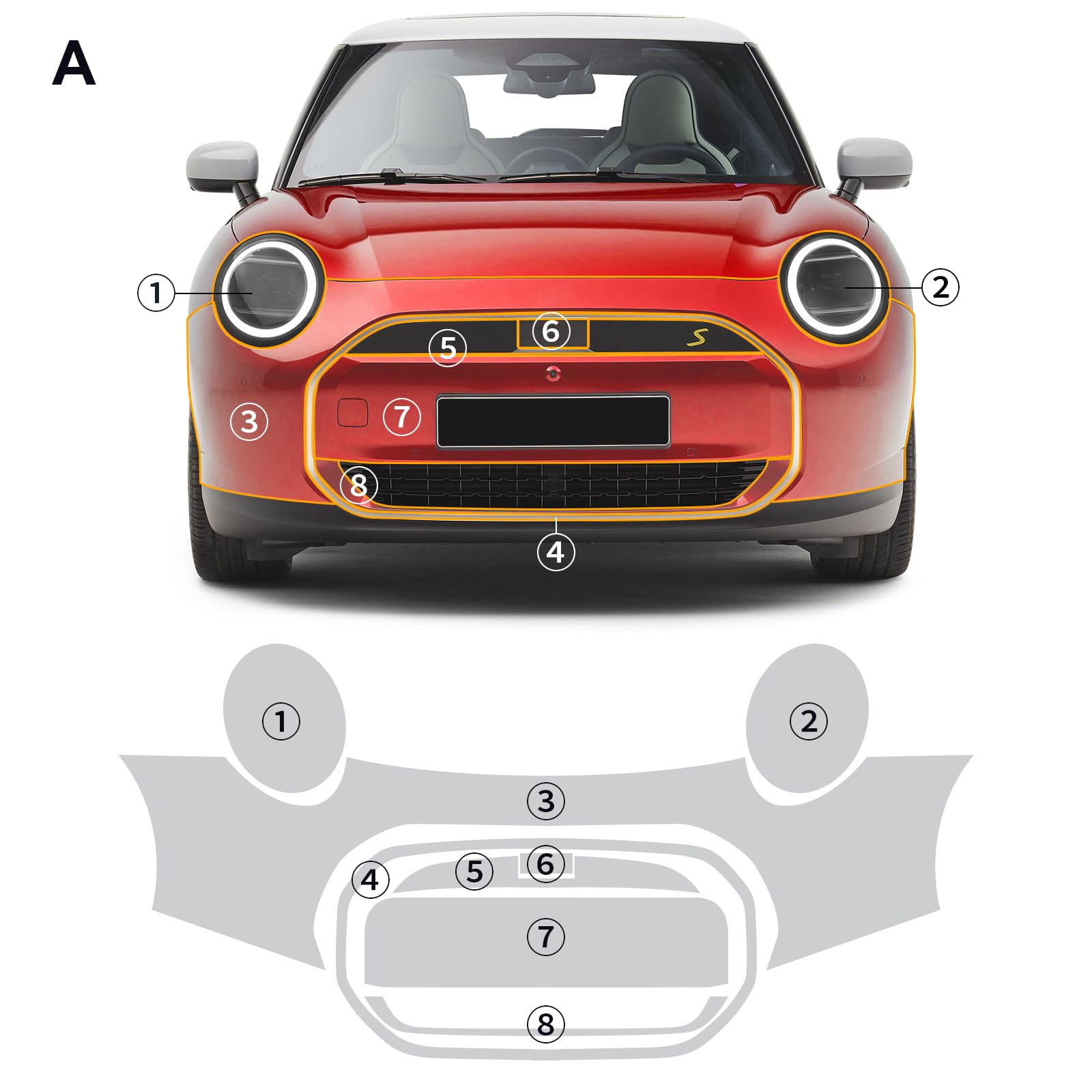 für Mini J01 Cooper Se 2024 Auto-Lackschutzfolie Vorgeschnitten TPU Transparent Selbstklebend Regenfest Wasserdicht HD Kratzfest zubehör (Frontstoßstange 8St)