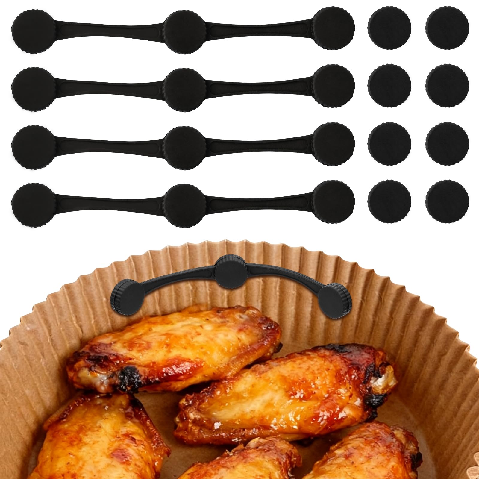 Air Fryer Silicone Magnet Clips 4-Pack, Heat-Resistant Safety Buckles to Secure Parchment Liners, Prevent Paper Burning & Food Covering (Black 4PCS)