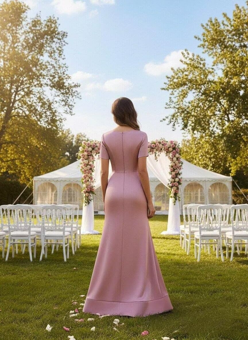 Satin Mother of The Bride Dresses for Women Long Short Sleeve Ruffles Formal Wedding Guest Dress - Image 5