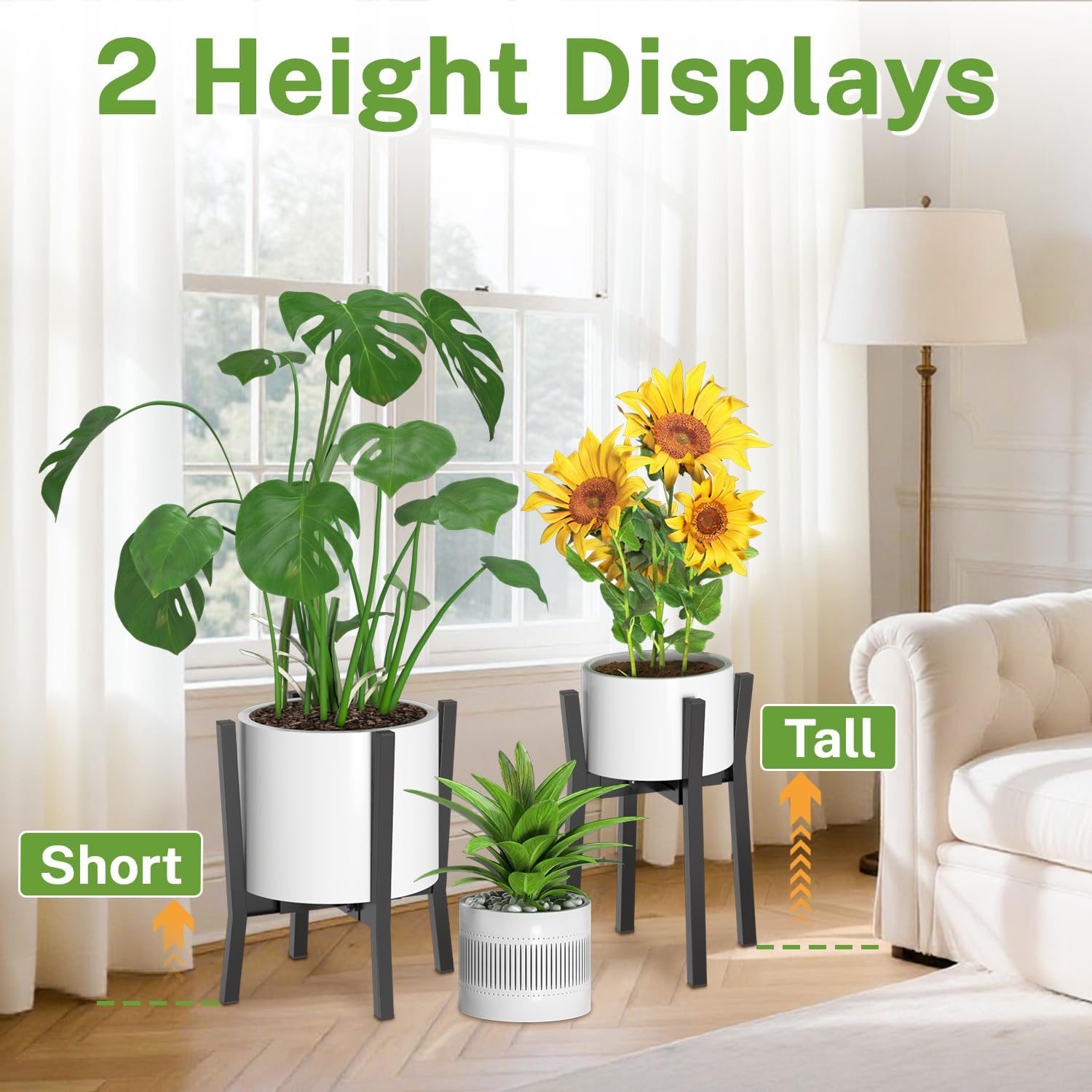 iDavosic.ly Adjustable Plant Pot Stand 2 Pack Indoor Outdoor, Metal Short Single Flower Holder Fits 8 to 12 Inch Large Heavy Duty Planter (Not Included) | Modern Black