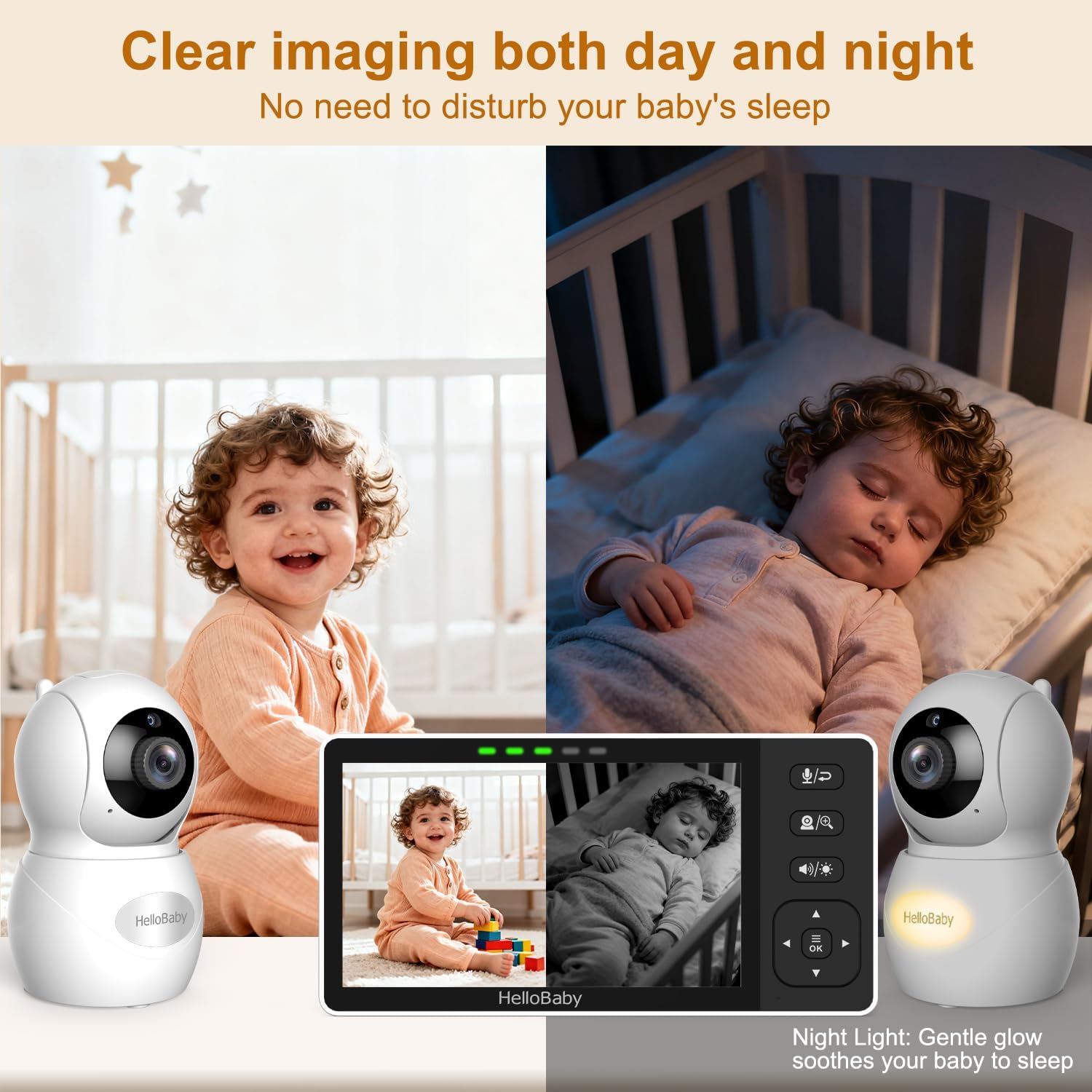HelloBaby 5.5'' HD Video Baby Monitor with 1080P Camera | No WiFi, Hack-Proof Security & 1000ft Range | Remote Pan, Tilt, Zoom, Night Vision, Night Light | 4000mAh Battery