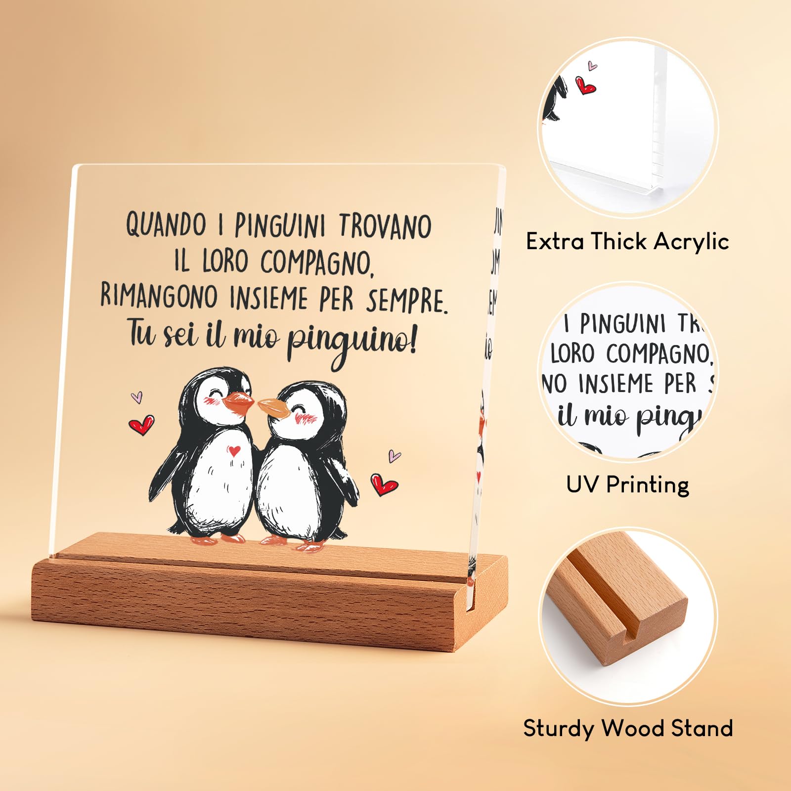 Regalo Di Coppia Personalizzato – Targhetta Acrilica A Forma Di Pinguino Con Base In Legno, Per Lui O Per Lei