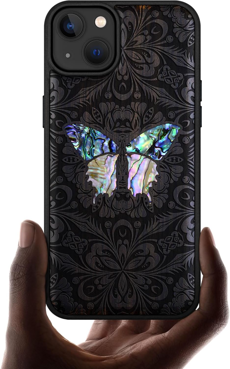 Carveit Designer Wooden Protective Magnetic Case for iPhone 14 Plus Case [Wood Engraving & Shell Inlay] Compatible with 14 Plus MagSafe (Baroque Butterfly-Blackwood)