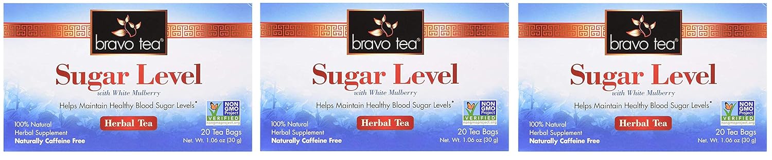 Bravo Tea, Sugar Level (Blood Sugar) Herbal Tea, Caffeine Free, 20 Tea Bags (Three Pack)
