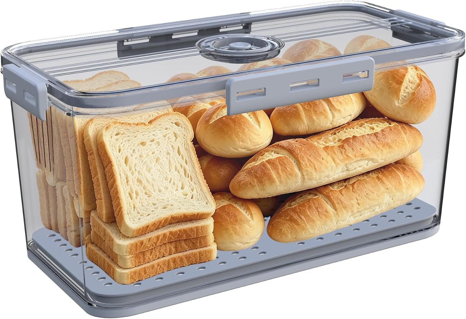 Clear Bread Box with Lid ,Time Recording Airtight Bread Container Grey