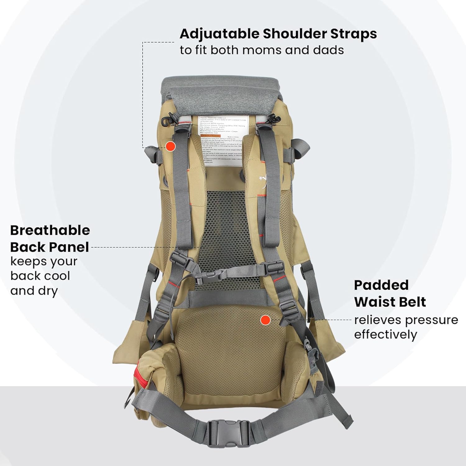 WIPHA Lightweight Baby Carrier Backpack - Adjustable & Ergonomic Hiking Child Carrier with Sunshade, Insulated Pocket, Comfortable for Toddlers & Parents (Sand)